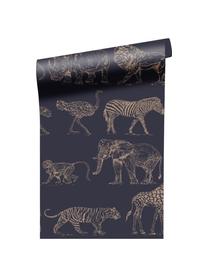 Carta da parati Safari, Tessuto non tessuto, Blu scuro, beige, Larg. 52 x Alt. 1005 cm