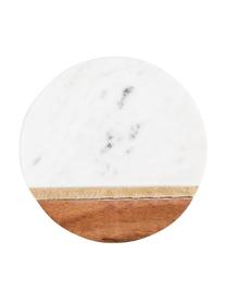 Marmor-Untersetzer Luxory Kitchen mit Holzdetails, 4 Stück, Marmor, Akazienholz, Messing, Weiß, Akazienholz, Messing, Ø 10 x H 2 cm