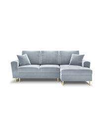 Sofá rinconera cama de terciopelo Moghan (4 plazas), con espacio de almacenamiento, Tapizado: 100% terciopelo de poliés, Estructura: madera de pino maciza, ag, Patas: metal revestido, Terciopelo azul claro, patas latón, An 241 x F 145 cm, chaise longue derecha