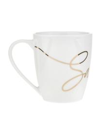 Tazas de porcelana Cheers, 4 uds., Porcelana, Blanco, latón brillante, Ø 9 x Al 10 cm, 380 ml