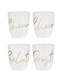Tazas de porcelana Cheers, 4 uds., Porcelana, Blanco, latón brillante, Ø 9 x Al 10 cm, 380 ml