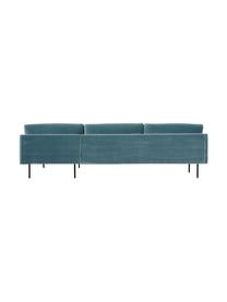 Sofa narożna z aksamitu z metalowymi nogami Moby, Tapicerka: aksamit (wysokiej jakości, Stelaż: lite drewno sosnowe z cer, Nogi: metal malowany proszkowo, Turkusowy aksamit, S 280 x G 160 cm, lewostronna
