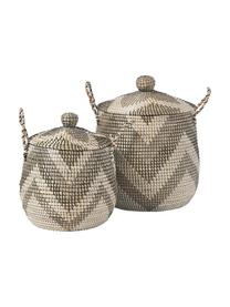 Set de cestas con tapadera Mija, 2 uds., Jacintos de agua, Beige, blanco, gris, negro, Ø 45 x Al 52 cm