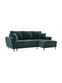 Divano letto angolare 4 posti in velluto color petrolio con contenitore Moghan, Rivestimento: velluto di poliestere Il , Struttura: legno massiccio di pino, , Piedini: metallo laccato, Velluto color petrolio, nero, Larg. 241 x Prof. 145 cm, chaise-longue a destra