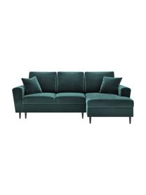 Canapé d'angle 4 places velours avec fonction lit et rangement Moghan, Velours bleu pétrole, noir, larg. 241 x prof. 145 cm, méridienne à droite