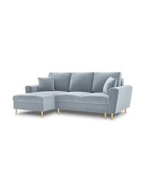Canapé d'angle 4 places velours avec fonction lit et rangement Moghan, Velours bleu ciel, couleur laitonnée, larg. 241 x prof. 145 cm, méridienne à droite