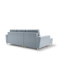 Canapé d'angle 4 places velours avec fonction lit et rangement Moghan, Velours bleu ciel, couleur laitonnée, larg. 241 x prof. 145 cm, méridienne à droite