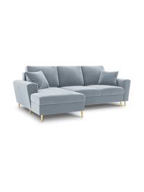 Canapé d'angle 4 places velours avec fonction lit et rangement Moghan, Velours bleu ciel, couleur laitonnée, larg. 241 x prof. 145 cm, méridienne à droite