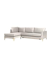Rozkładana sofa narożna z aksamitu Luna (3-osobowa), Tapicerka: 100% poliester, certyfika, Stelaż: lite drewno bukowe, drewn, Nogi: metal galwanizowany, Beżowy aksamit, S 270 x G 184 cm, lewostronna