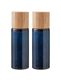 Salero y pimientero de gres Bizz, 2 pzas., Recipiente: gres, Grinder: cerámica, Azul oscuro, marrón, madera, Ø 5 x Al 17 cm