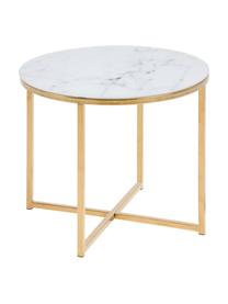 Beistelltisch Aruba mit marmorierter Glasplatte, Tischplatte: Glas, matt bedruckt, Gestell: Stahl, vermessingt, Weiß, Messing, Ø 50 x H 42 cm
