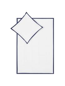 Pościel z perkalu z lamówką Joanna, Biały, ciemny niebieski, 200 x 200 cm + 2 poduszki 80 x 80 cm