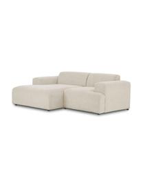Sofa narożna ze sztruksu Melva (3-osobowa), Tapicerka: sztruks (92% poliester, 8, Stelaż: lite drewno sosnowe z cer, Nogi: tworzywo sztuczne, Beżowy sztruks, S 239 x G 143 cm, lewostronna