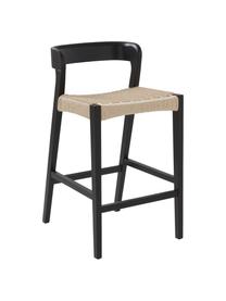 Taburete de bar de mimbre Vikdalen, Estructura: madera de olmo, Asiento: trenza de cuerda de papel, Madera de olmo pintada en negro, An 45 x Al 87 cm