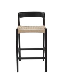 Taburete de bar de mimbre Vikdalen, Estructura: madera de olmo, Asiento: trenza de cuerda de papel, Madera de olmo pintada en negro, An 45 x Al 87 cm