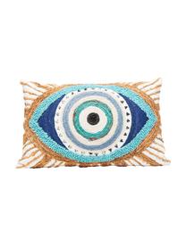 Besticktes Kissen Ethno Eye mit Jute Verzierungen, mit Inlett, Bezug: 100% Baumwolle, Weiß, Beige, Blau, B 35 x L 55 cm