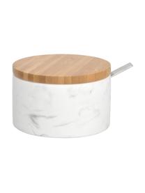 Keramik Zuckerdose Kalina mit Löffel und Bambusdeckel, Deckel: Bambus, Löffel: Metall, Weiß, marmoriert, Hellbraun, Ø 13 x H 7 cm