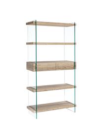 Libreria con 5 ripiani e pareti in vetro Kenya, Ripiani: pannello di fibra a media, Legno chiaro, marrone chiaro, trasparente, Larg. 90 x Alt. 180 cm