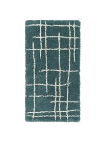 Zacht hoogpolig vloerkleed Amelie in petrol, handgetuft, Bovenzijde: 100% polyester, Onderzijde: gerecycled polyester, Petrolkleurig, crèmewit, B 80 cm x L 150 cm (maat XS)
