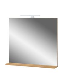 Badspiegel Ricky mit LED-Beleuchtung und Ablage, Spiegelfläche: Spiegelglas, Holz, Silber, B 76 x H 75 cm