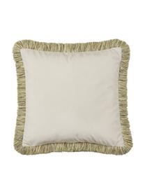 Federa arredo in velluto con motivo funghi e frange Devas, Frange: 100% cotone, Beige, verde, rosso, Larg. 45 x Lung. 45 cm