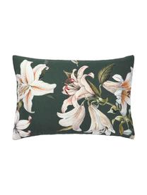 Taie d'oreiller en satin de coton avec imprimé floral Flori, Vert foncé, beige, larg. 50 x long. 70 cm