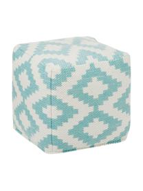 Handgeweven poef Napua met ethno patroon, Bekleding: 100% gerecycled polyester, Turquoise, ecru, 40 x 40 cm