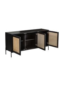 Sideboard Vienna mit Wiener Geflecht, Korpus: Massives Mangoholz, lacki, Füße: Metall, pulverbeschichtet, Mangoholz, Schwarz, B 165 x H 78 cm