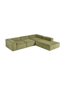 Divano angolare componibile XL in velluto a coste Lennon, Rivestimento: velluto a coste (92% poli, Struttura: legno di pino massiccio, , Piedini: plastica, Velluto a coste verde, Larg. 329 x Alt. 68 cm, chaise-longue a destra