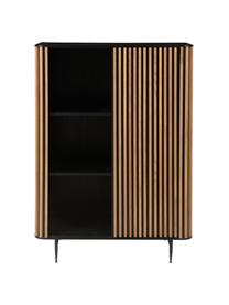 Credenza alta con anta scorrevole e frontale scanalato Linea, Piedini: metallo verniciato, Nero, legno di quercia, Larg. 98 x Alt. 135 cm