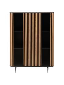 Credenza alta con anta scorrevole e frontale scanalato Linea, Piedini: metallo verniciato, Nero, legno di quercia, Larg. 98 x Alt. 135 cm