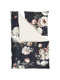Pościel z satyny bawełnianej Blossom, Czarny, odcienie beżowego, 135 x 200 cm + 1 poduszka 80 x 80 cm