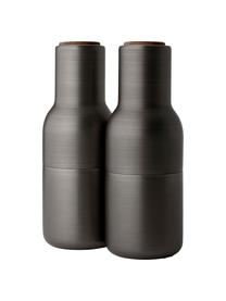 Design zout- & pepermolen Bottle Grinder met walnoothouten deksel, set van 2, Frame: vermessingd en geborsteld, Deksel: walnoothout, Antraciet geborsteld, walnoothout, Ø 8 x H 21 cm