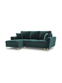 Canapé d'angle 4 places velours avec fonction lit et rangement Moghan, Velours vert, couleur laitonnée, larg. 241 x prof. 145 cm, méridienne à droite
