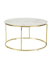 Tavolino da salotto con piano in vetro effetto marmo Antigua, Struttura: acciaio ottonato, Bianco-grigio marmorizzato, dorato, Ø 78 x Alt. 45 cm