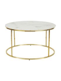 Tavolino rotondo da salotto con piano in vetro effetto marmo Antigua, Struttura: acciaio ottonato, Bianco marmorizzato, ottonato, Ø 80 x Alt. 45 cm