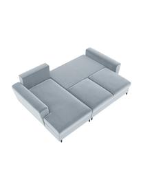 Canapé d'angle 3 places en velours avec fonction lit et rangement Moghan, Velours bleu ciel, noir, larg. 241 x prof. 145 cm, méridienne à gauche