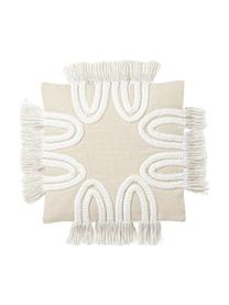 Funda de cojín con tejido capitoné y flecos Inga, 100% algodón ecológico, Beige, An 45 x L 45 cm