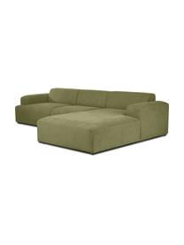 Sofa narożna ze sztruksu Melva (4-osobowa), Tapicerka: sztruks (92% poliester, 8, Stelaż: lite drewno sosnowe, cert, Nogi: tworzywo sztuczne, Zielony sztruks, S 319 x G 196 cm, prawostronna