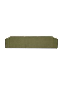 Sofa narożna ze sztruksu Melva (4-osobowa), Tapicerka: sztruks (92% poliester, 8, Stelaż: lite drewno sosnowe, cert, Nogi: tworzywo sztuczne, Zielony sztruks, S 319 x G 196 cm, prawostronna