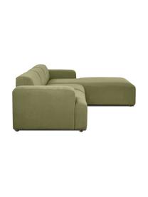 Sofa narożna ze sztruksu Melva (4-osobowa), Tapicerka: sztruks (92% poliester, 8, Stelaż: lite drewno sosnowe, cert, Nogi: tworzywo sztuczne, Zielony sztruks, S 319 x G 196 cm, prawostronna