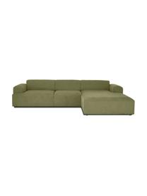 Sofa narożna ze sztruksu Melva (4-osobowa), Tapicerka: sztruks (92% poliester, 8, Stelaż: lite drewno sosnowe, cert, Nogi: tworzywo sztuczne, Zielony sztruks, S 319 x G 196 cm, prawostronna