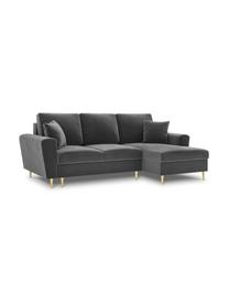Divano letto angolare 3 posti in velluto con contenitore Moghan, Rivestimento: 100% velluto di poliester, Struttura: legno di pino massiccio, , Piedini: metallo rivestito, Velluto grigio, ottonato, Larg. 241 x Prof. 145 cm, chaise-longue a destra