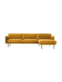 Canapé d'angle en velours et pieds en métal Moby, Velours jaune moutarde, larg. 280 x prof. 160 cm, méridienne à droite