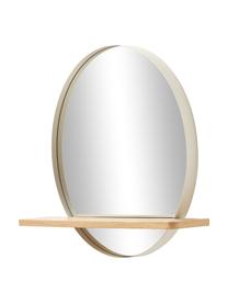 Kulaté nástěnné zrcadlo s dřevěnou poličkou a béžovým kovovým rámem Kenny, Béžová, dřevo, Š 70 cm, V 60 cm