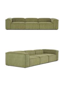 Sofa modułowa ze sztruksu Lennon (4-osobowa), Tapicerka: sztruks (92% poliester, 8, Stelaż: lite drewno sosnowe z cer, Nogi: tworzywo sztuczne Materia, Zielony sztruks, S 327 x G 119 cm