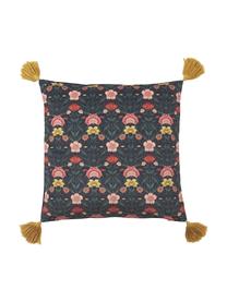 Fluwelen kussenhoes Pari met bloemenpatroon en kwastjes, Kwastjes: 100 % katoen, Donkerblauw,geel,rood, B 45 x L 45 cm