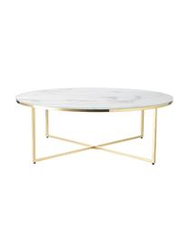 Table basse ronde XL avec plateau en verre aspect marbre Antigua, Blanc aspect marbre, couleur dorée, Ø 100 cm