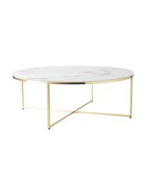 Mesa de centro grande Antigua, tablero de vidrio en aspecto mármol, Tablero: vidrio estampado con aspe, Estructura: metal, latón, Aspecto mármol blanco, dorado, Ø 100 cm