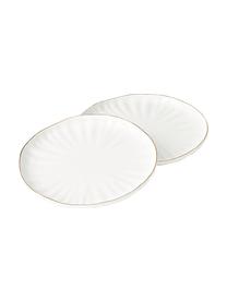 Platos postre con relieves Sali, 2 uds., Porcelana, Blanco con borde dorado, Ø 22 cm